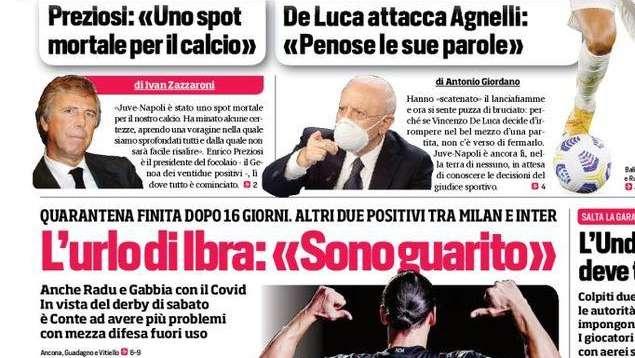 Prima pagina CdS - L'urlo di Ibra: "Sono guarito". Ora è Conte ad avere più problemi