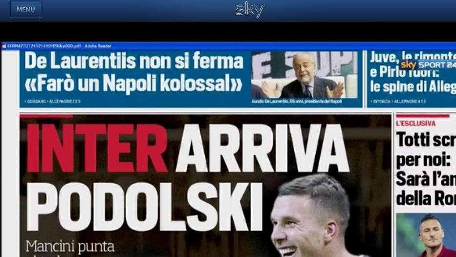 Prime pagine  - Podolski all'Inter, ci siamo quasi. Mancini tra voto e mercato. D'Ambrosio chiama Cerci
