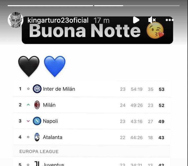 Ko nel derby, ma Vidal rincuora i tifosi postando la foto della classifica