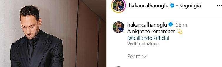 Calhanoglu e l'emozione per la premiazione del Pallone d'Oro: "Una notte da ricordare"
