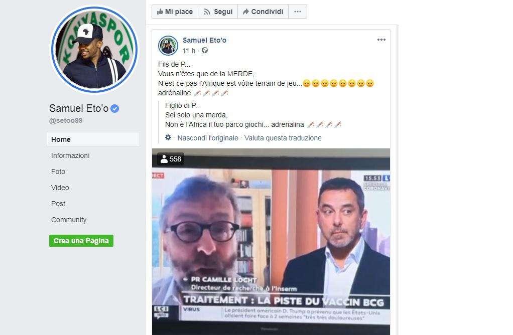 Covid-19, farmaco da testare in Africa? Eto'o durissimo: "Figli di p***!"