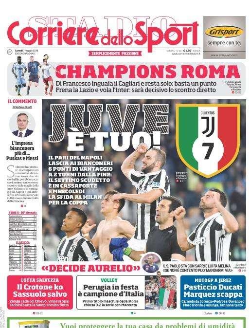 Prima pagina CdS - Champions Roma. Tra Lazio e Inter decide lo scontro diretto
