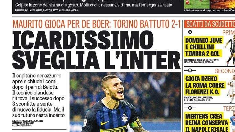 Prima pagina GdS - Icardissimo sveglia l'Inter. De Boer sente di nuovo la fiducia, ma il futuro resta incerto