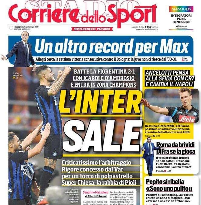 Prima CdS - L'Inter sale: batte la Fiorentina 2-1 ed entra in zona Champions