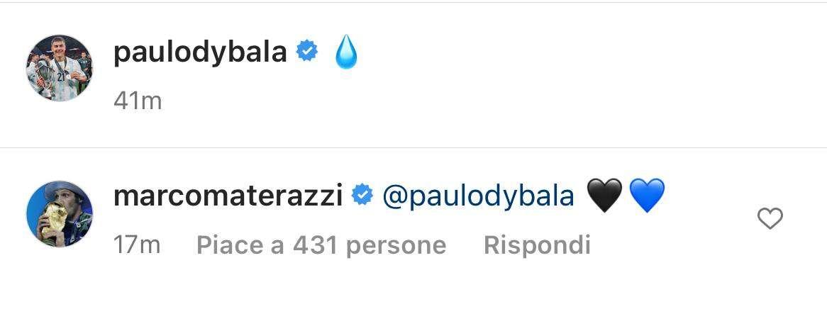 Dybala suda, Materazzi lo marca sui social: cuori nerazzurri per la Joya