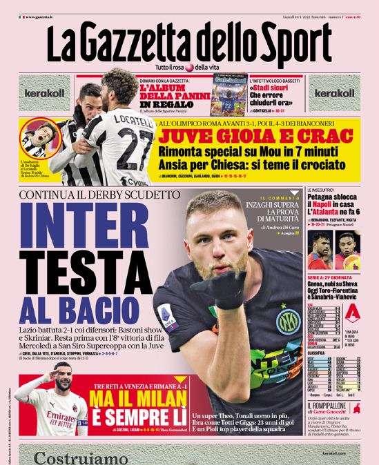 Prima GdS - Inter, testa al bacio. Lazio battuta 2-1 con i difensori