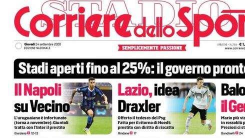 Prima CdS -  Napoli su Vecino. Giuntoli tratta con l’Inter il prestito