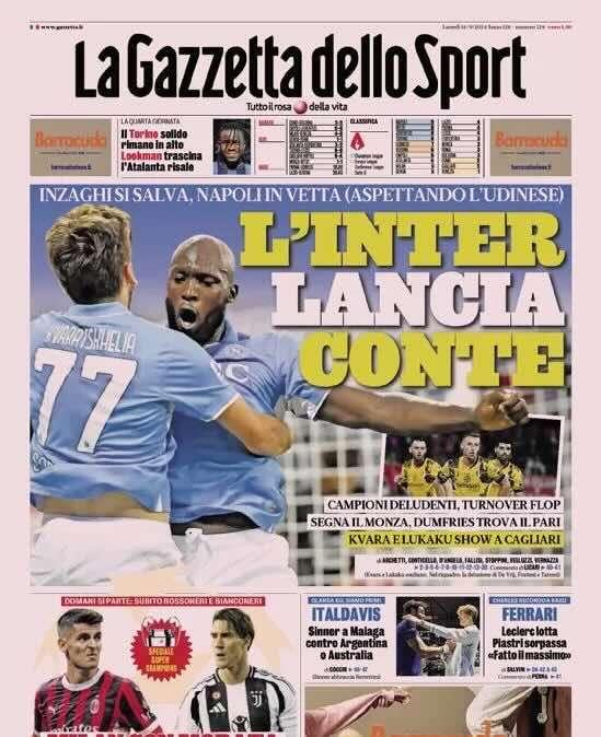 Prima GdS - L’Inter lancia Conte. Inzaghi si salva, Napoli in vetta