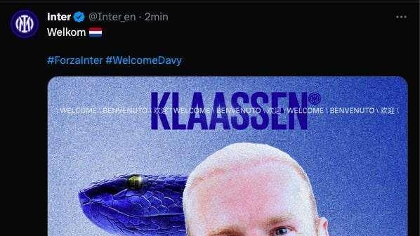 L'Inter accoglie Klaassen a Milano: "È pronto ad affrontare questa nuova sfida a tinte nerazzurre"