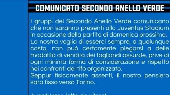 L'annuncio del Secondo Anello Verde: "Non saremo presenti allo Stadium per Juventus-Inter". Il comunicato  