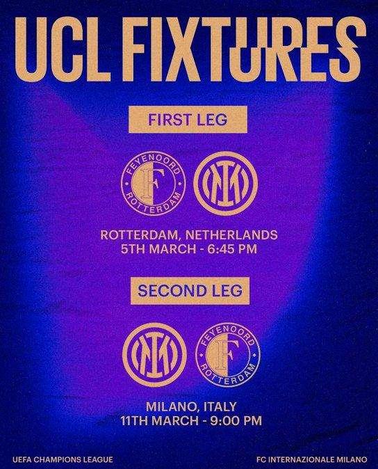 Ottavi Champions League, l'Inter sfida il Feyenoord: ufficiali le date e gli orari delle sfide di andata e ritorno 
