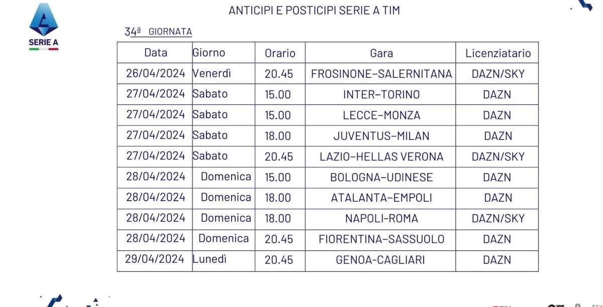UFFICIALE - Comunicati gli orari della 34esima giornata di Serie A: ecco data e ora della sfida Inter-Torino