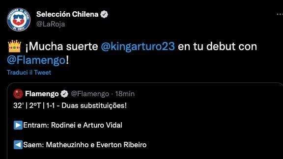 Vidal in campo per la prima volta con il Flamengo, la Roja si fa sentire: "Buona fortuna per il tuo debutto"