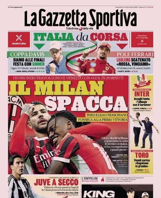 Prima GdS - Inzaghi tenta l'allungo con il turnover. Il Milan spacca, Juve a secco