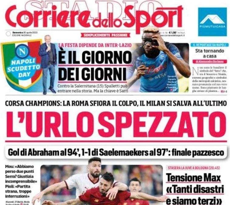 Prima CdS - L'urlo spezzato. Corsa Champions: la Roma sfiora il colpo, il Milan si salva all'ultimo