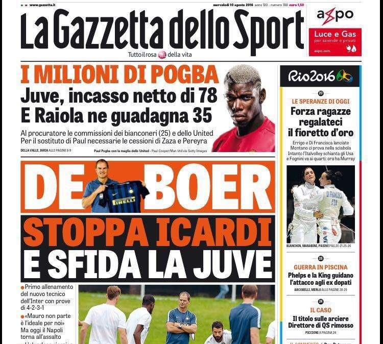 Prima pagina GdS - De Boer stoppa Icardi e sfida la Juve