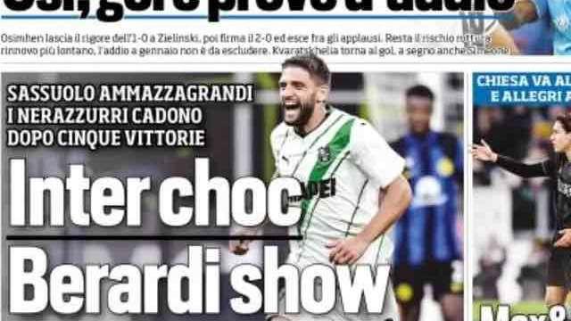 Prima TS - Inter choc, Berardi show. Milan primo. Sassuolo ammazzagrandi