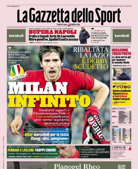 Prima GdS - Milan infinito. Ribaltata la Lazio, è derby Scudetto. Inter, mercoledì per la testa