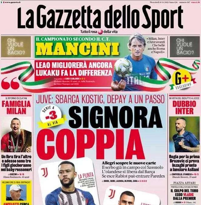 Prima pagina GdS - Mancini: "Lukaku fa la differenza". Inzaghi pronto a lanciare Asllani