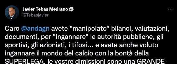 Tebas attacca Agnelli e la Juve: "Bilanci manipolati per ingannare. Le vostre dimissioni una grande notizia"