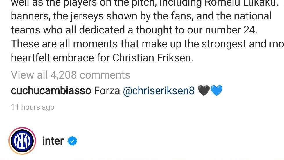 Anche Cambiasso carica Eriksen sotto la lettera dell'Inter: "Forza, Christian"