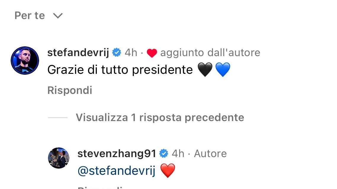 Zhang saluta l'Inter, l'omaggio di De Vrij: "Grazie di tutto presidente"