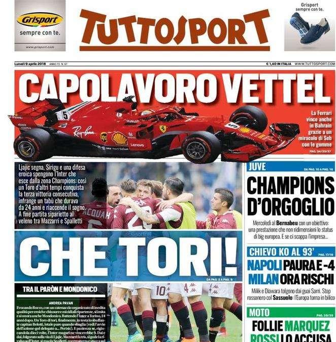 Prima pagina TS - Che tori! L'Inter esce dalla zona Champions