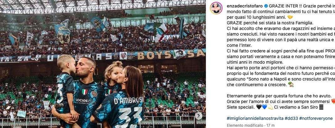 La moglie di D'Ambrosio: "Grazie Inter, sei stata la nostra famiglia. Eternamente grata per questa fortuna"