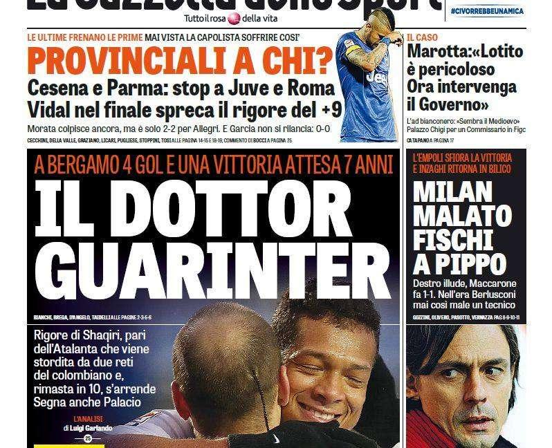 Prime pagine - Il dottor Guarinter. L'Inter sale, Atalanta ko. Mancini stacca Inzaghi