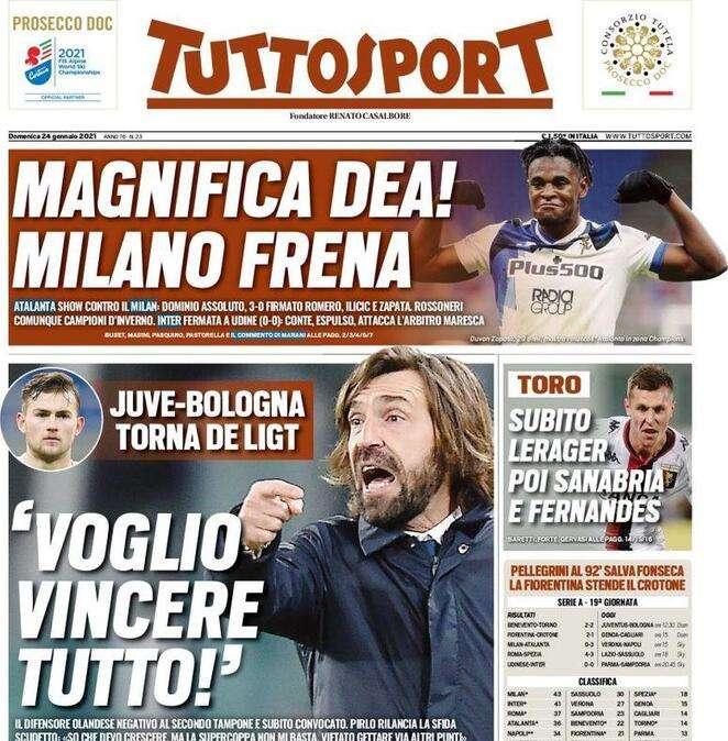 Prima pagina TS - Magnifica Dea, Milano frena. Conte attacca Maresca