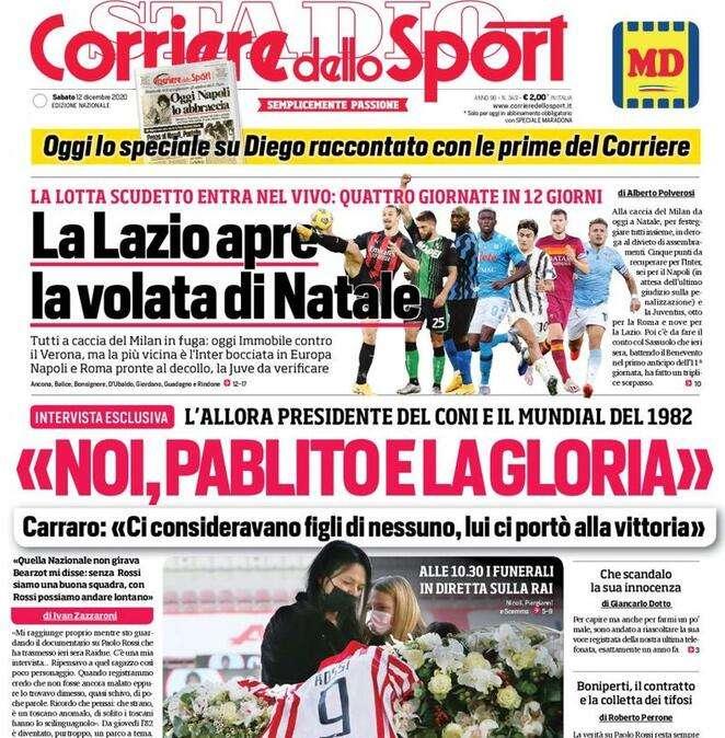 Prima pagina CdS - La Lazio apre la volata di Natale. Inter la più vicina al Milan