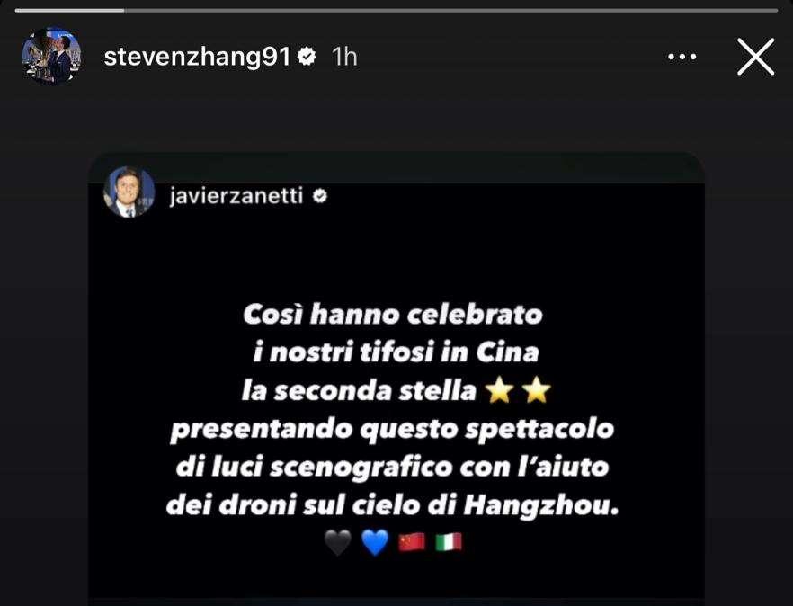 Zanetti saluta Zhang con l'omaggio di luci di Hangzhou: "Grazie Steven". L'ex presidente riposta 