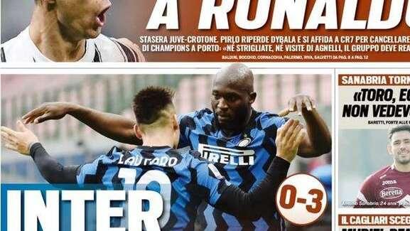 Prima pagina TS - Inter, atto di forza. Lautaro e Lukaku travolgono il Milan, è fuga Scudetto