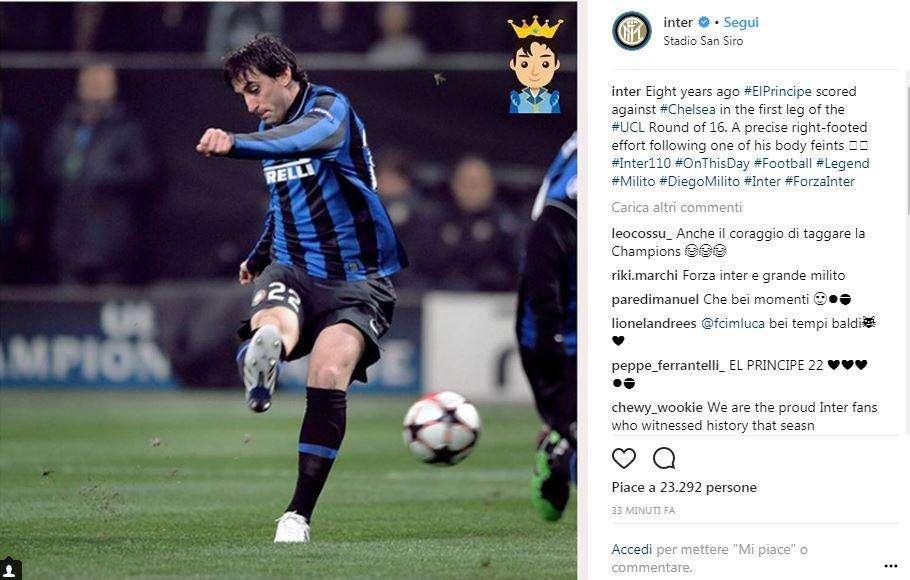 Una finta delle sue e destro: l'Inter celebra il gol di Milito al Chelsea negli ottavi di UCL di 8 anni fa