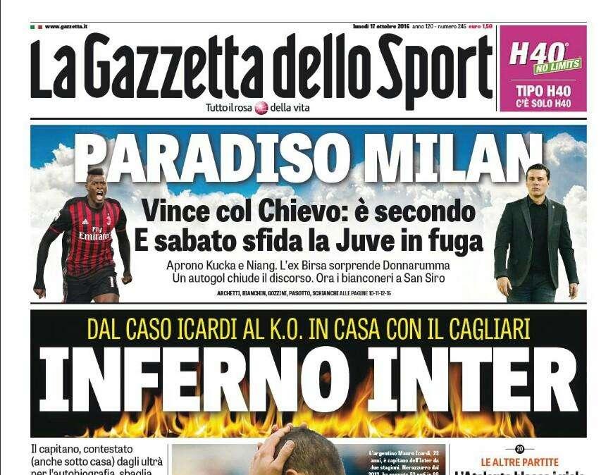 Prima pagina GdS - Inferno Inter. Il club vuole degradare Icardi. De Boer sotto accusa