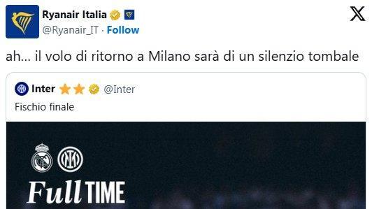 L'ironia di RyanAir sulla sconfitta dell'Inter a Madrid