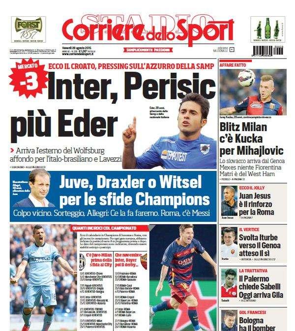 Prime pagine - Jovetic si fa in dieci per l'Inter. Perisic vicinissimo, pressing su Eder. Juan jolly Roma