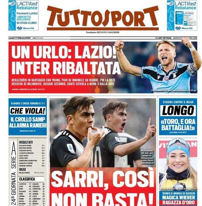 Prima pagina TS - Un urlo: Lazio! Inter ribaltata. Conte a -3 dalla Juve