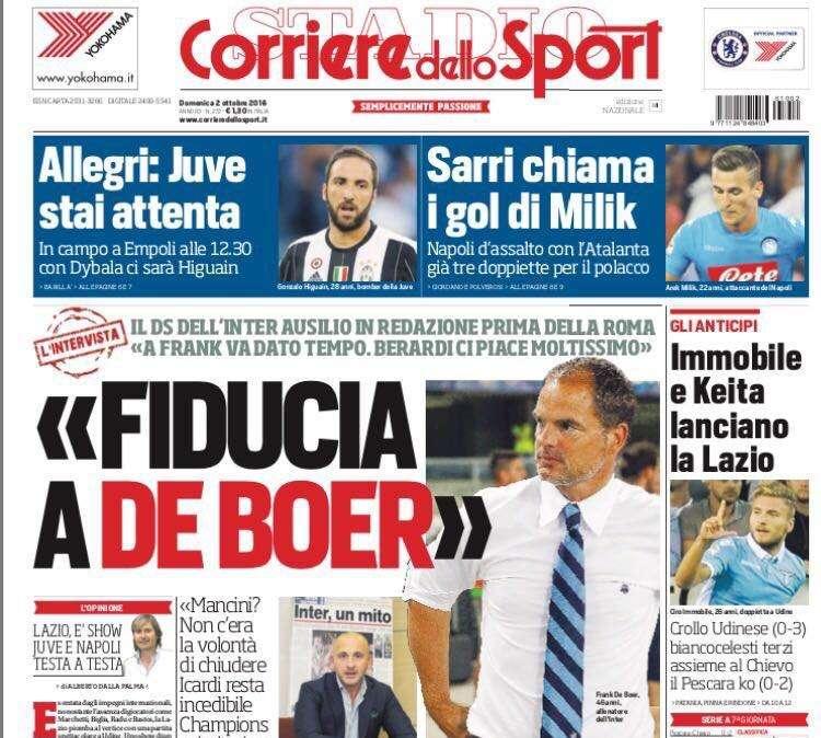 Prima pagina CdS - Ausilio: "Fiducia in De Boer. Berardi ci piace moltissimo, Icardi resta incedibile"