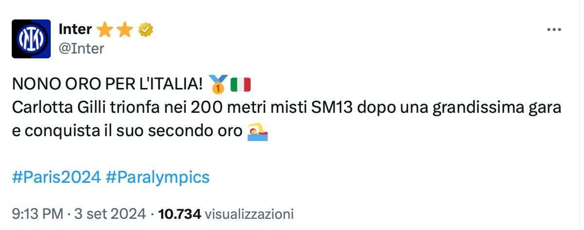 Carlotta Gilli trionfa anche nei 200 metri misti e porta a casa il secondo oro personale. I complimenti dell'Inter