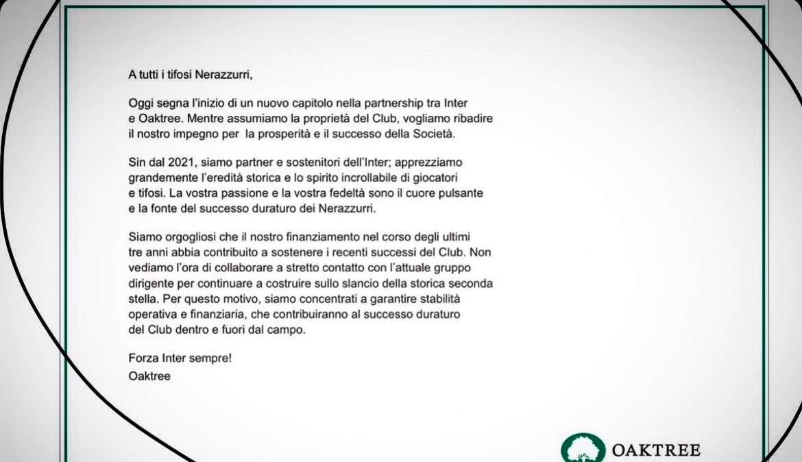 Oaktree scrive ai tifosi: "Vogliamo successi e prosperità, pronti a lavorare con l'attuale gruppo dirigente"