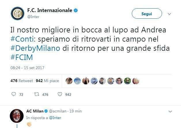 Inter, in bocca al lupo a Conti: il Milan applaude