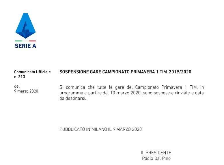 UFFICIALE - La Lega Serie A sospende il campionato Primavera: "Gare rinviate a data da destinarsi"
