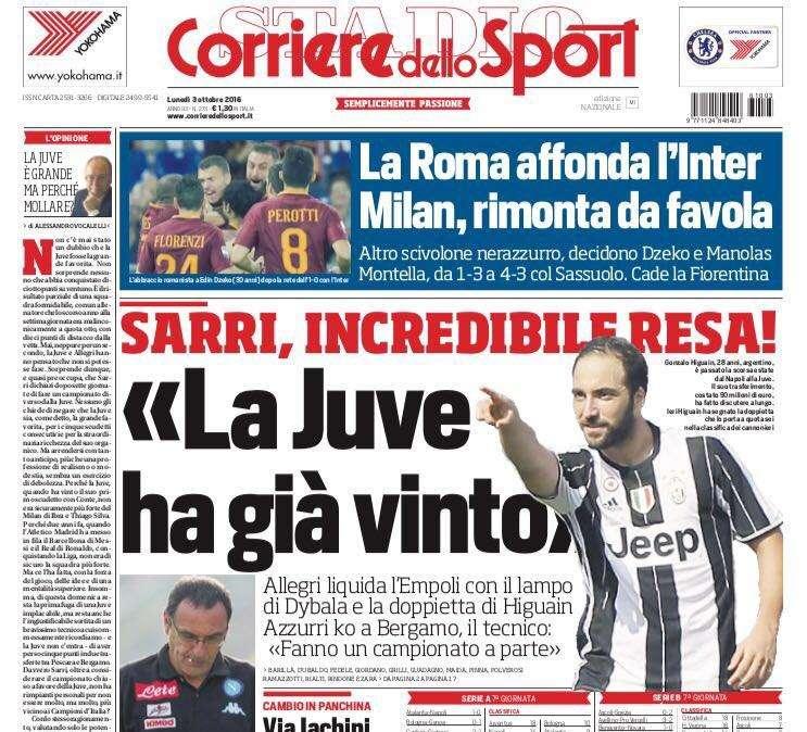 Prima pagina CdS - La Roma affonda l'Inter