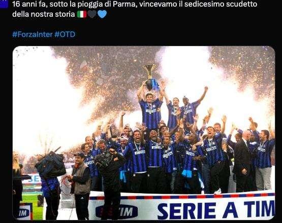 L'Inter ricorda il 18 maggio 2008: "16 anni fa, sotto la pioggia di Parma, il 16° scudetto della nostra storia"