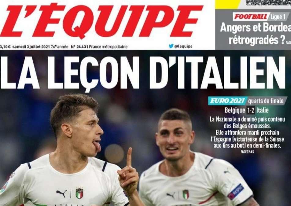La Nazionale e Barella si prendono la prima pagina dell'Équipe
