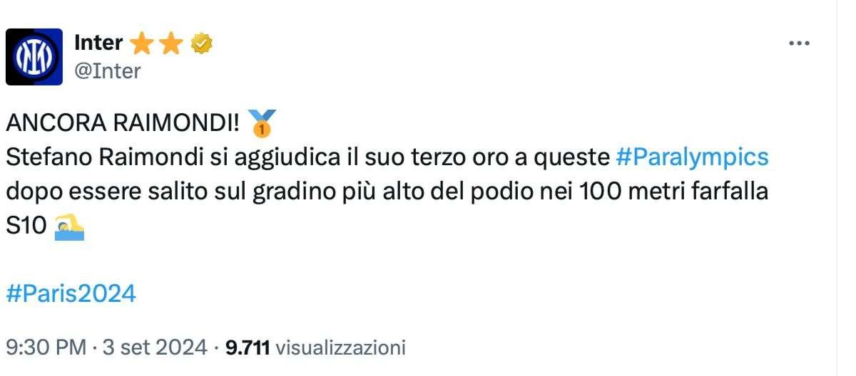 Ancora Raimondi, ancora oro. Le congratulazioni dell'Inter al nuotatore azzurro per la terza medaglia