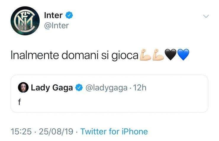 L'Inter completa il tweet di Lady Gaga: "F...inalmente domani si gioca"