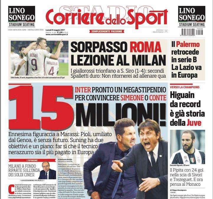 Prima pagina CdS - Suning, pronti 15 milioni per Simeone o Conte. Pioli è senza futuro