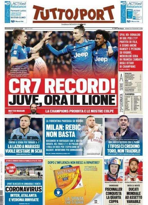 Prima pagina TS - Coronavirus: Inter, Atalanta e Verona rinviate